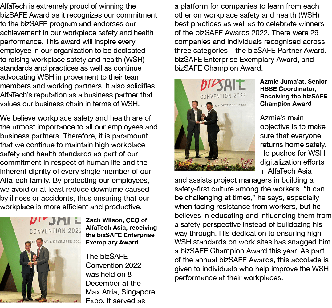 AlfaTech is extremely proud of winning the bizSAFE Award as it recognizes our commitment to the bizSAFE program and e...