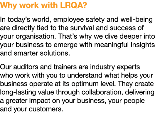 Why work with LRQA? In today’s world, employee safety and well being are directly tied to the survival and success of...