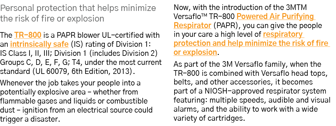 Personal protection that helps minimize the risk of fire or explosion The TR-800 is a PAPR blower UL-certified with a   
