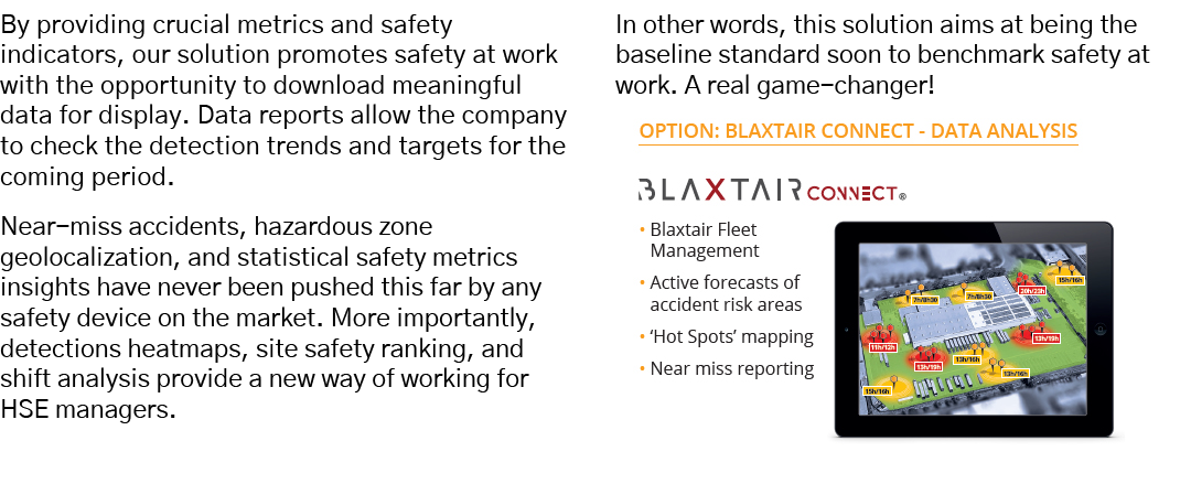 By providing crucial metrics and safety indicators, our solution promotes safety at work with the opportunity to down   