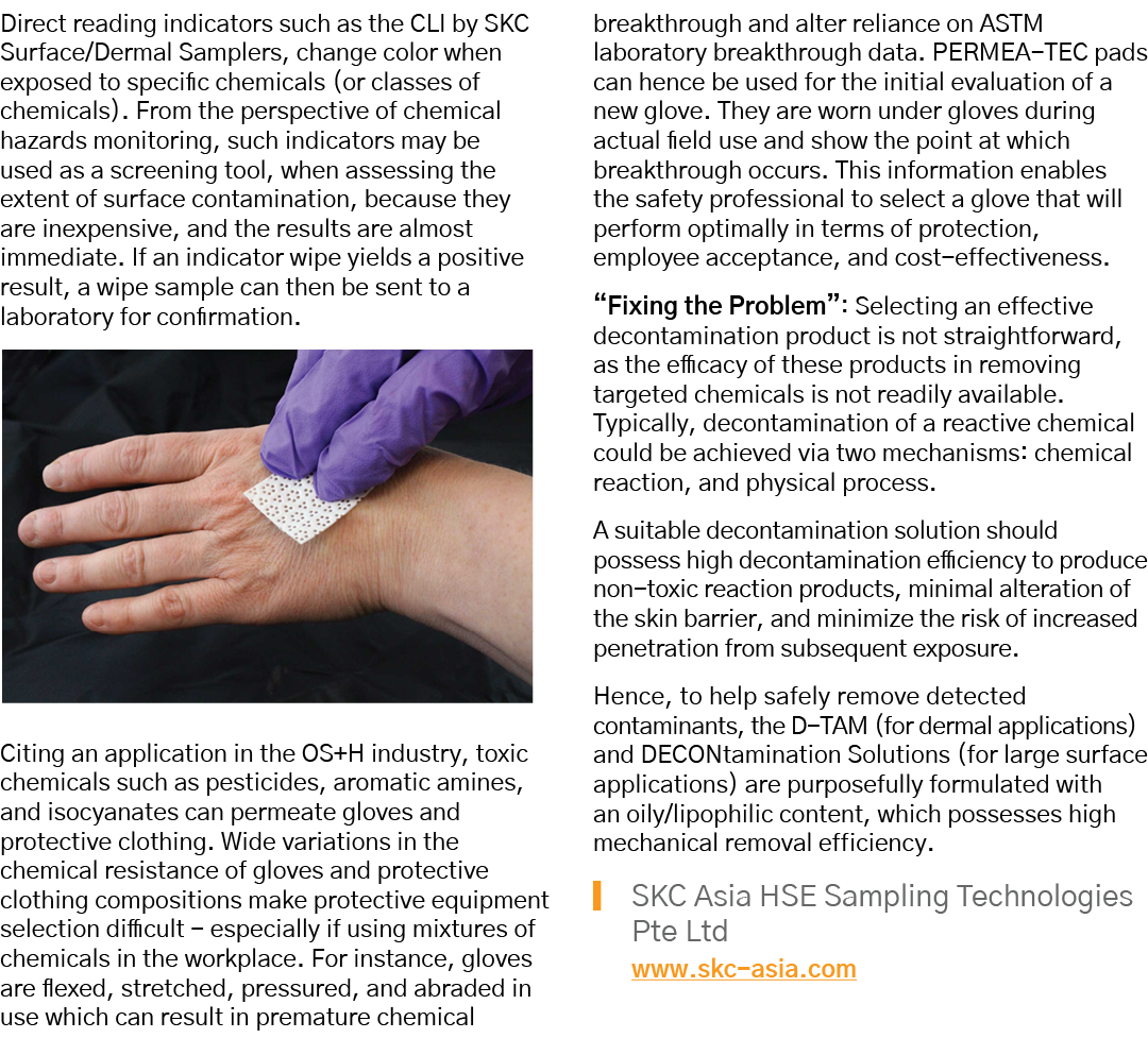 Direct reading indicators such as the CLI by SKC Surface Dermal Samplers, change color when exposed to specific chemi   