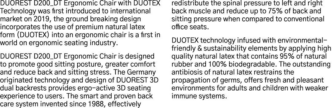 DUOREST D200_DT Ergonomic Chair with DUOTEX Technology was first introduced to international market on 2019, the grou   