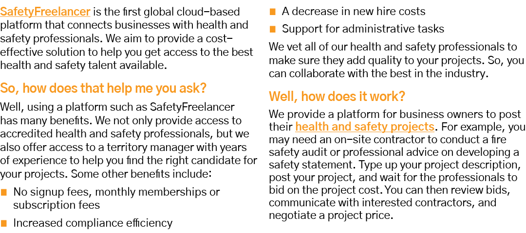 SafetyFreelancer is the first global cloud-based platform that connects businesses with health and safety professiona   