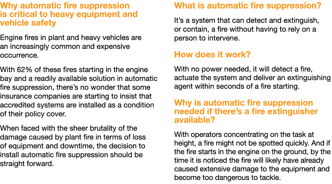 Why automatic fire suppression is critical to heavy equipment and vehicle safety Engine fires in plant and heavy vehi   
