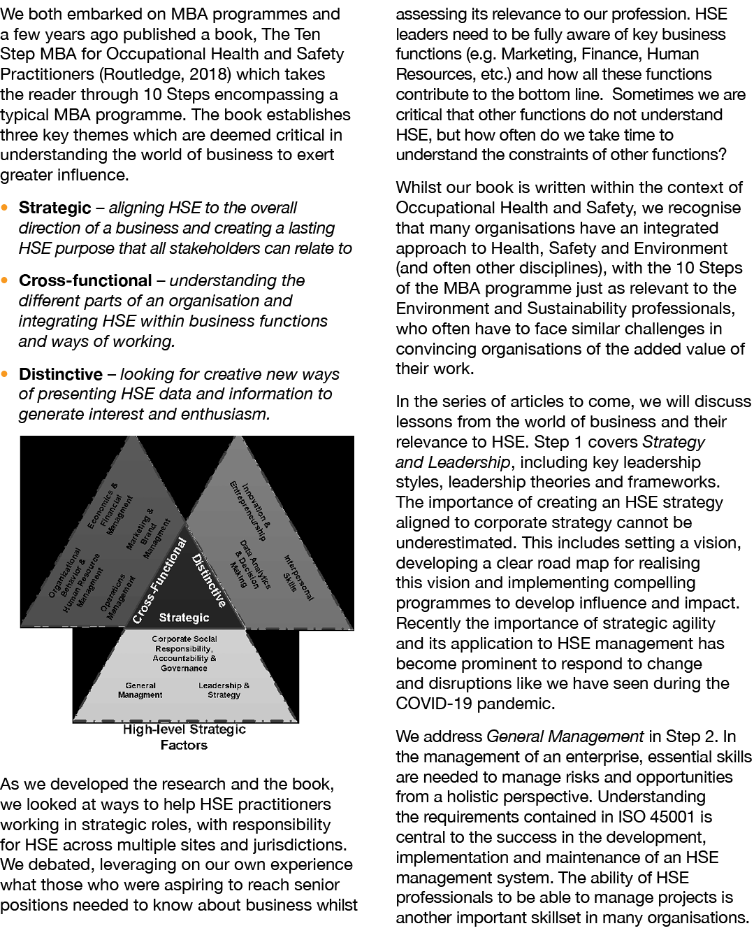 We both embarked on MBA programmes and a few years ago published a book, The Ten Step MBA for Occupational Health and   