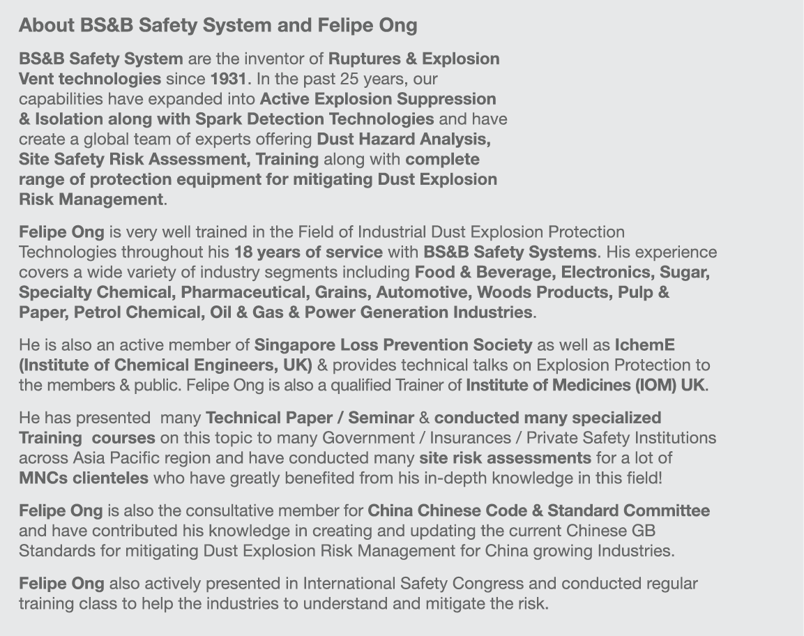About BS&B Safety System and Felipe Ong BS&B Safety System are the inventor of Ruptures & Explosion Vent technologies   