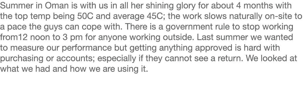 Summer in Oman is with us in all her shining glory for about 4 months with the top temp being 50C and average 45C; th   