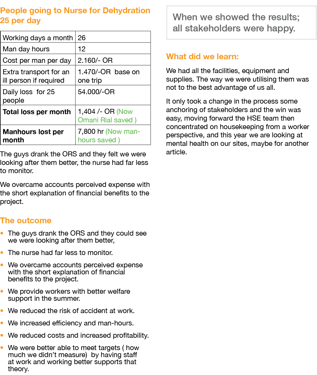 People going to Nurse for Dehydration 25 per day    The guys drank the ORS and they felt we were looking after them b   