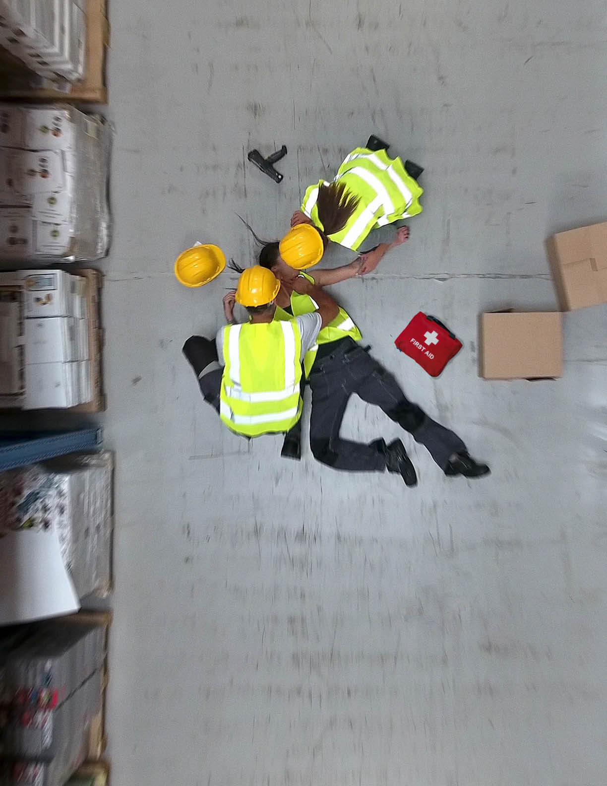 Woman lying on the floor  Accident in warehouse