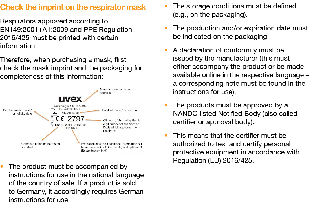 Check the imprint on the respirator mask Respirators approved according to EN149:2001+A1:2009 and PPE Regulation 2016   