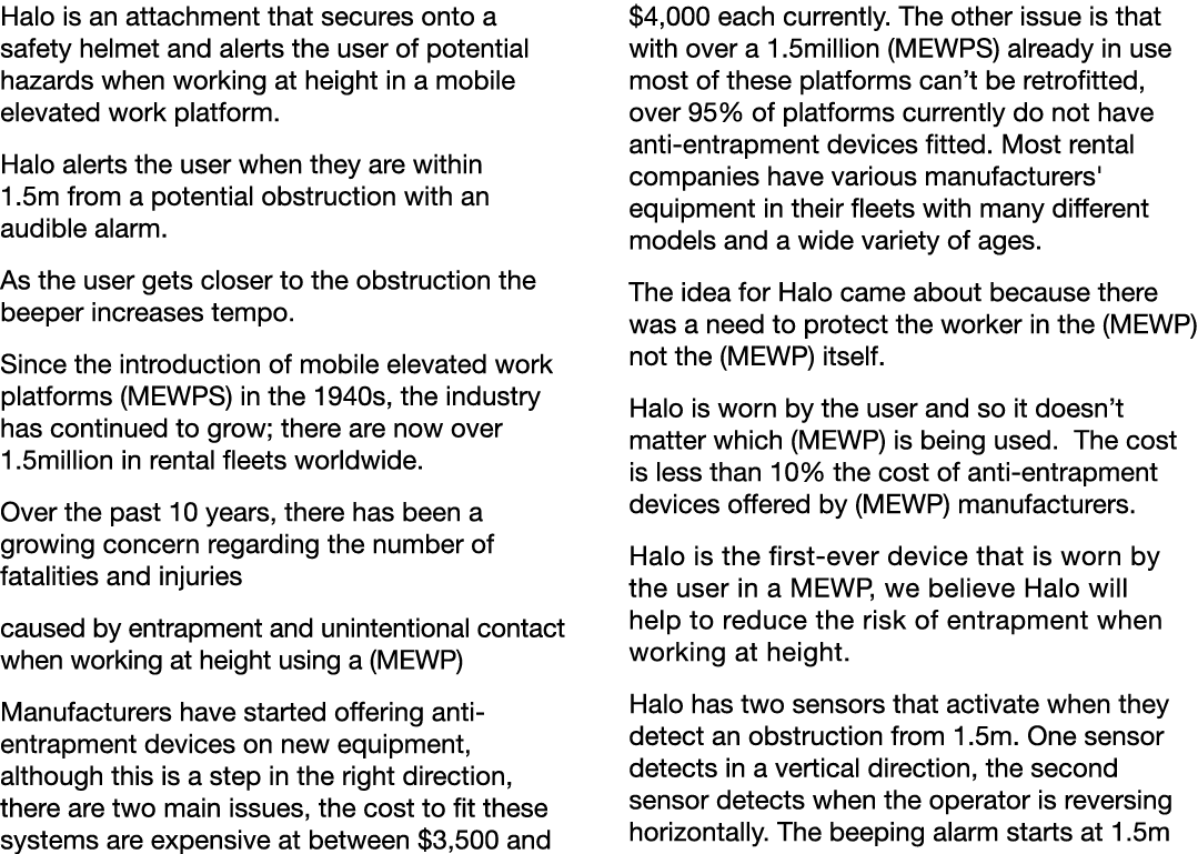Halo is an attachment that secures onto a safety helmet and alerts the user of potential hazards when working at heig   