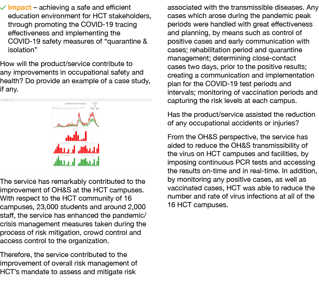  Impact   achieving a safe and efficient education environment for HCT stakeholders, through promoting the COVID-19 t   