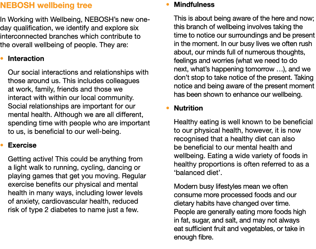 NEBOSH wellbeing tree In Working with Wellbeing, NEBOSH s new one-day qualification, we identify and explore six inte   