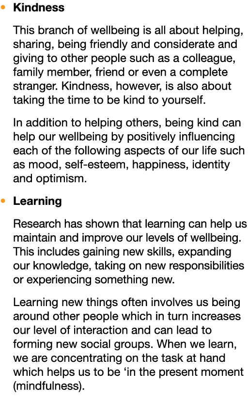   Kindness This branch of wellbeing is all about helping, sharing, being friendly and considerate and giving to other   