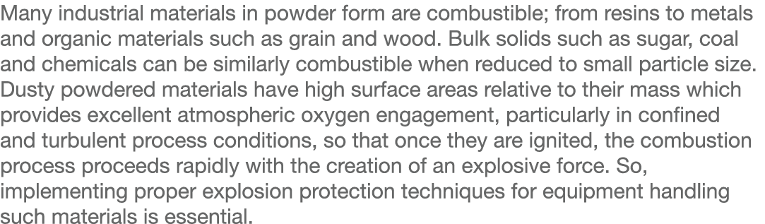 Many industrial materials in powder form are combustible; from resins to metals and organic materials such as grain a   
