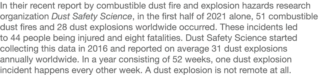 In their recent report by combustible dust fire and explosion hazards research organization Dust Safety Science, in t   