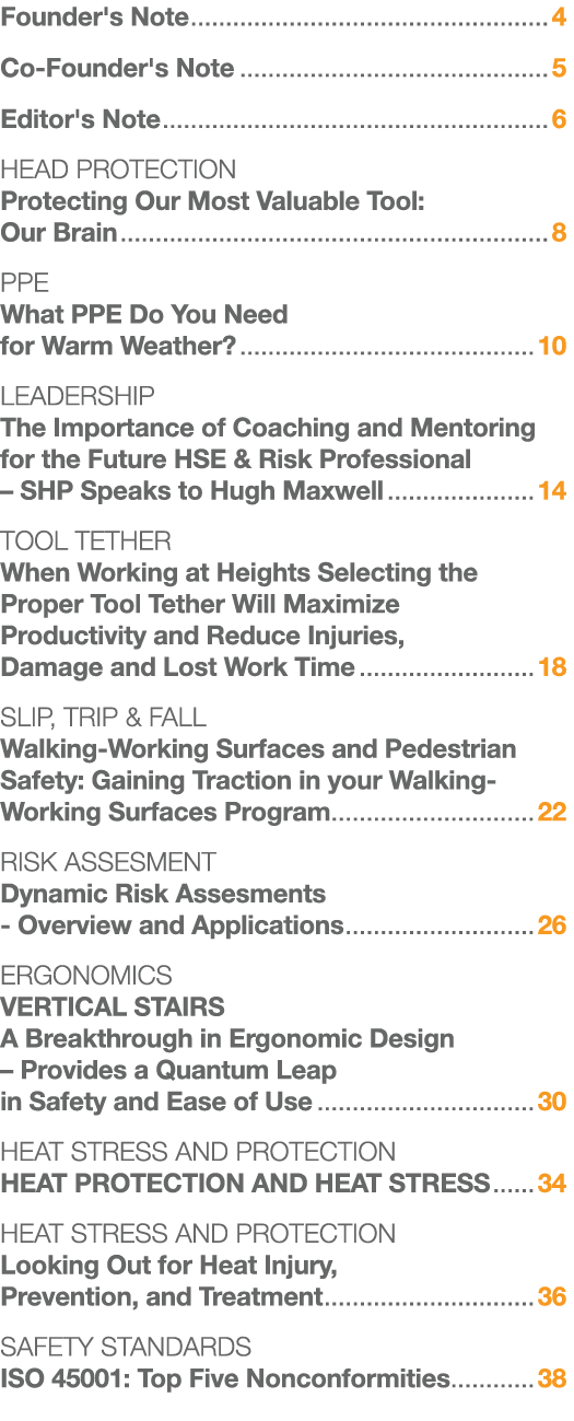 Founder's Note 4 Co-Founder's Note 5 Editor's Note 6 HEAD PROTECTION Protecting Our Most Valuable Tool: Our Brain 8 P   