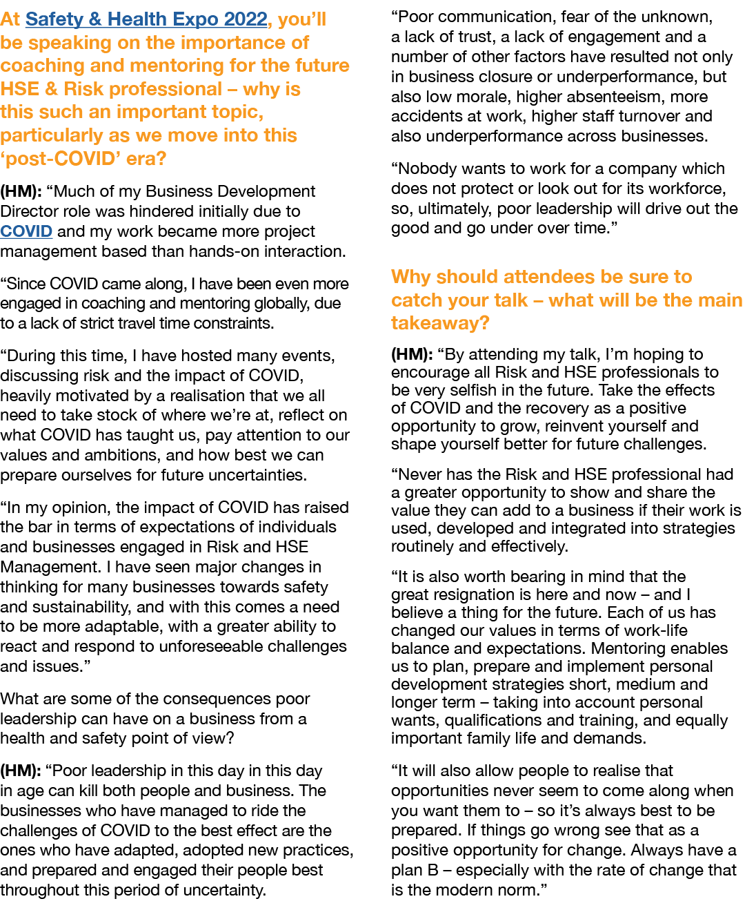 At Safety & Health Expo 2022, you ll be speaking on the importance of coaching and mentoring for the future HSE & Ris   