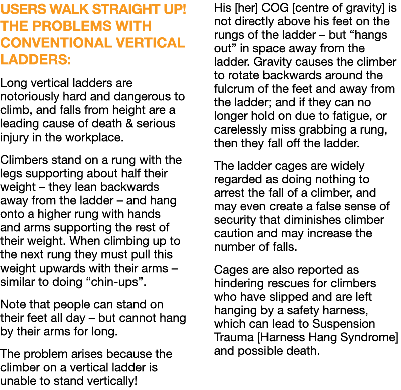USERS WALK STRAIGHT UP  THE PROBLEMS WITH CONVENTIONAL VERTICAL LADDERS:            Long vertical ladders are notorio   