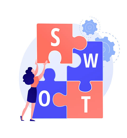 SWOT analysis  Strengths and weaknesses, threats and opportunities assessment, project success evaluation  Crisis manager planning enterprise activity  Vector isolated concept metaphor illustration