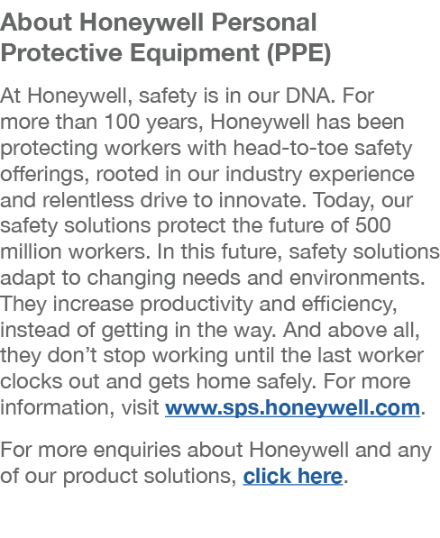 About Honeywell Personal Protective Equipment (PPE) At Honeywell, safety is in our DNA  For more than 100 years, Hone   
