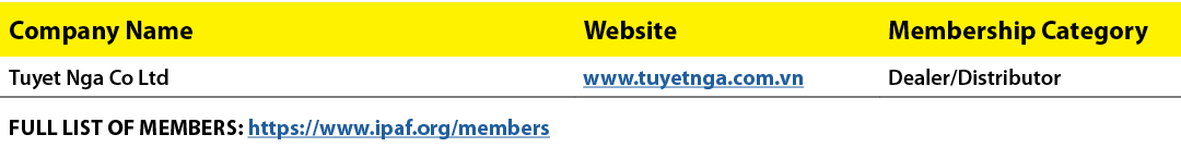 Company Name,Website,Membership Category,Tuyet Nga Co Ltd,www tuyetnga com vn,Dealer Distributor,FULL LIST OF MEMBERS   