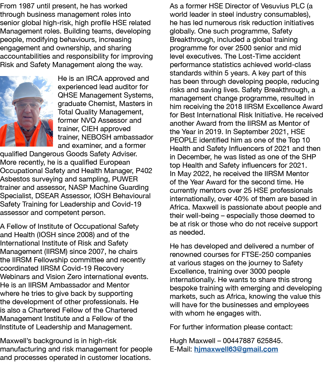 From 1987 until present, he has worked through business management roles into senior global high-risk, high profile H   