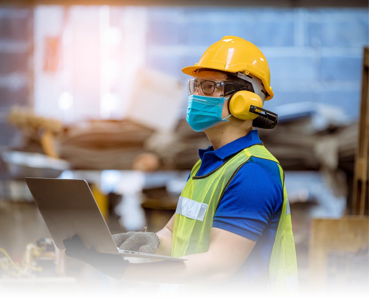 Portrait man worker under inspection and checking production process on factory station by wearing safety mask to protect for pollution and virus in factory 
