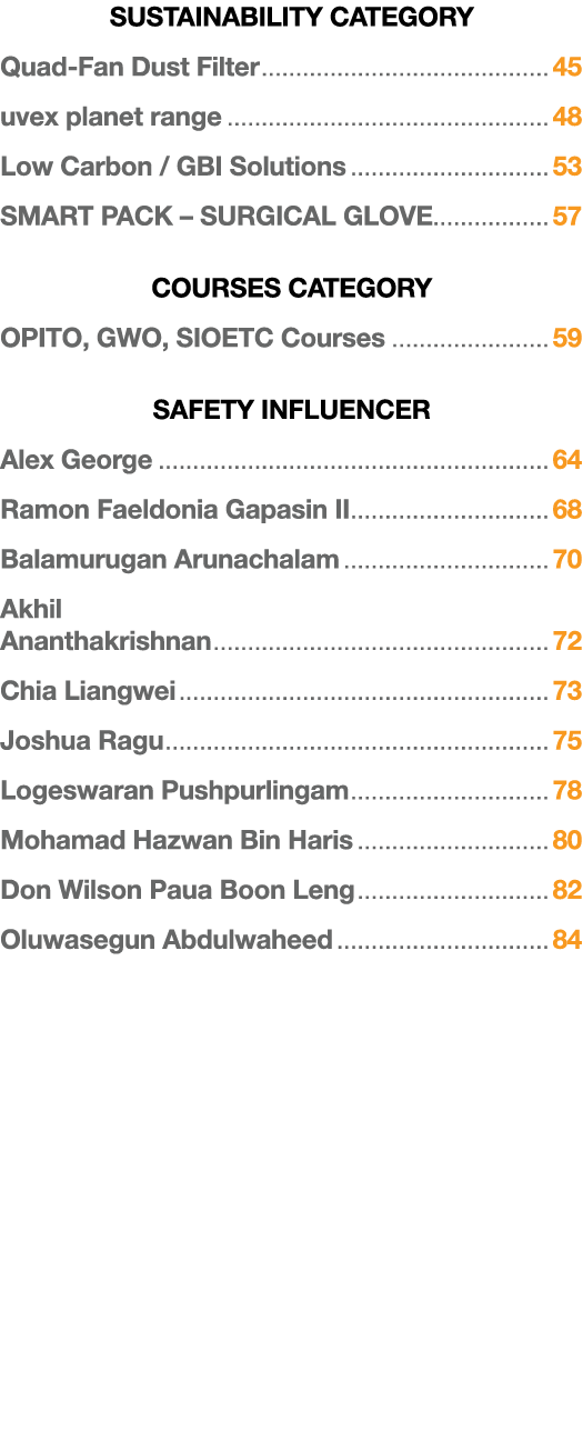 SUSTAINABILITY CATEGORY Quad-Fan Dust Filter 45 uvex planet range 48 Low Carbon   GBI Solutions 53 SMART PACK   SURGI   