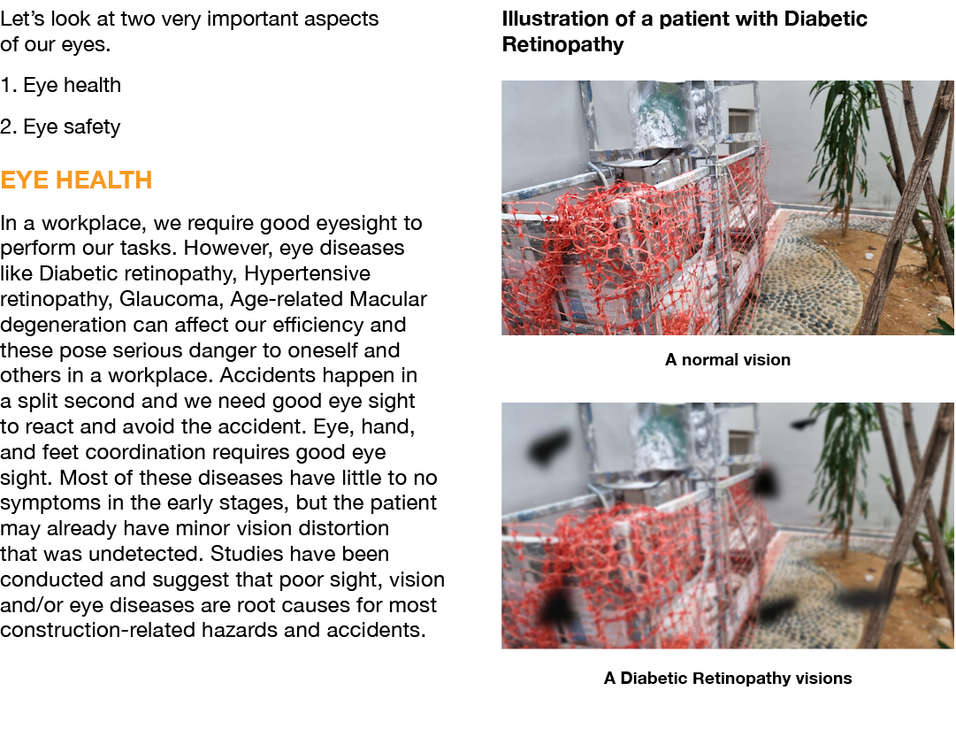 Let’s look at two very important aspects of our eyes. 1. Eye health 2. Eye safety EYE HEALTH In a workplace, we requi...