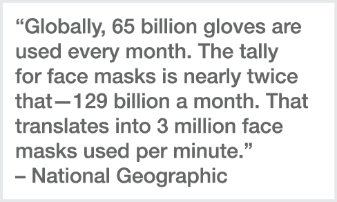 “Globally, 65 billion gloves are used every month. The tally for face masks is nearly twice that—129 billion a month....