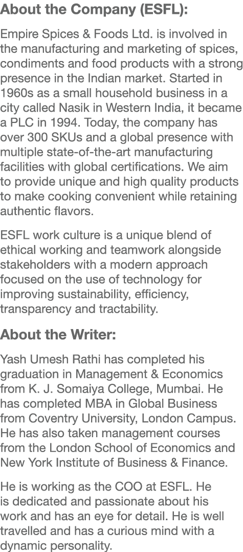 About the Company (ESFL): Empire Spices & Foods Ltd. is involved in the manufacturing and marketing of spices, condim...
