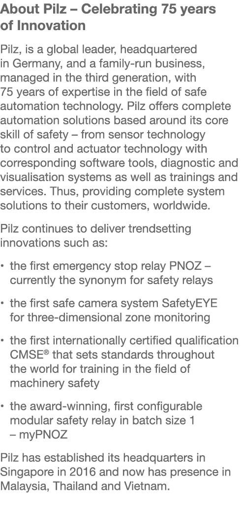 About Pilz – Celebrating 75 years of Innovation Pilz, is a global leader, headquartered in Germany, and a family run ...