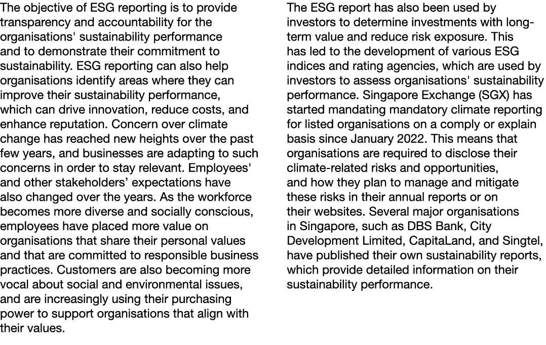 The objective of ESG reporting is to provide transparency and accountability for the organisations' sustainability pe...
