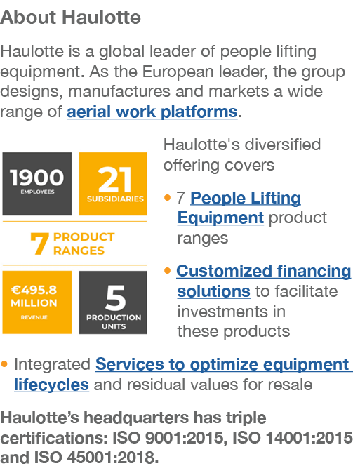 About Haulotte Haulotte is a global leader of people lifting equipment. As the European leader, the group designs, ma...