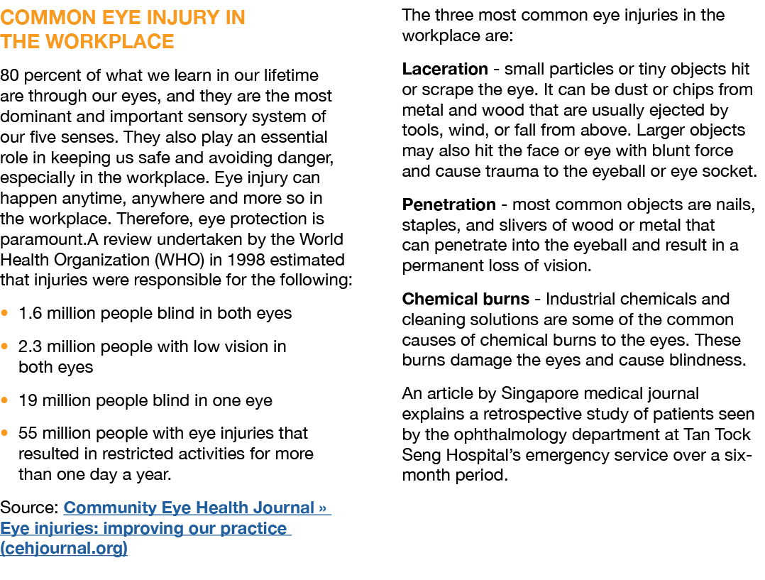 COMMON EYE INJURY IN THE WORKPLACE 80 percent of what we learn in our lifetime are through our eyes, and they are the...