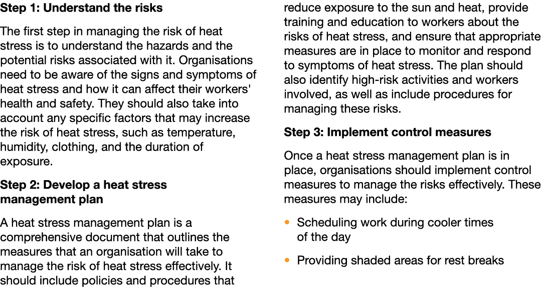 Step 1: Understand the risks The first step in managing the risk of heat stress is to understand the hazards and the ...
