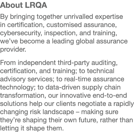About LRQA By bringing together unrivalled expertise in certification, customised assurance, cybersecurity, inspectio...