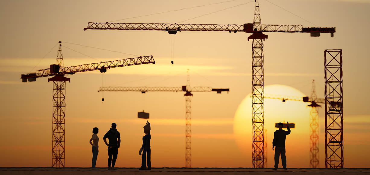 3d rendering silhouette engineering worker and crane construction background in the sunset time.