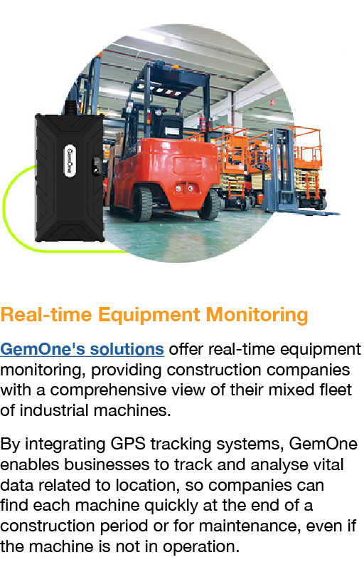 ￼ Real time Equipment Monitoring GemOne's solutions offer real time equipment monitoring, providing construction comp...