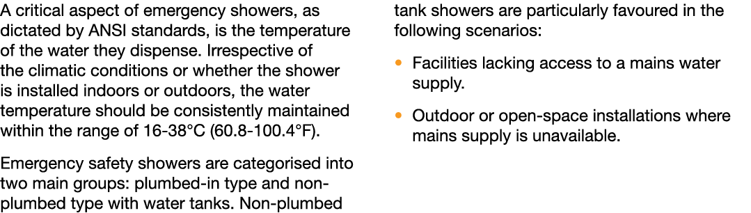 A critical aspect of emergency showers, as dictated by ANSI standards, is the temperature of the water they dispense....