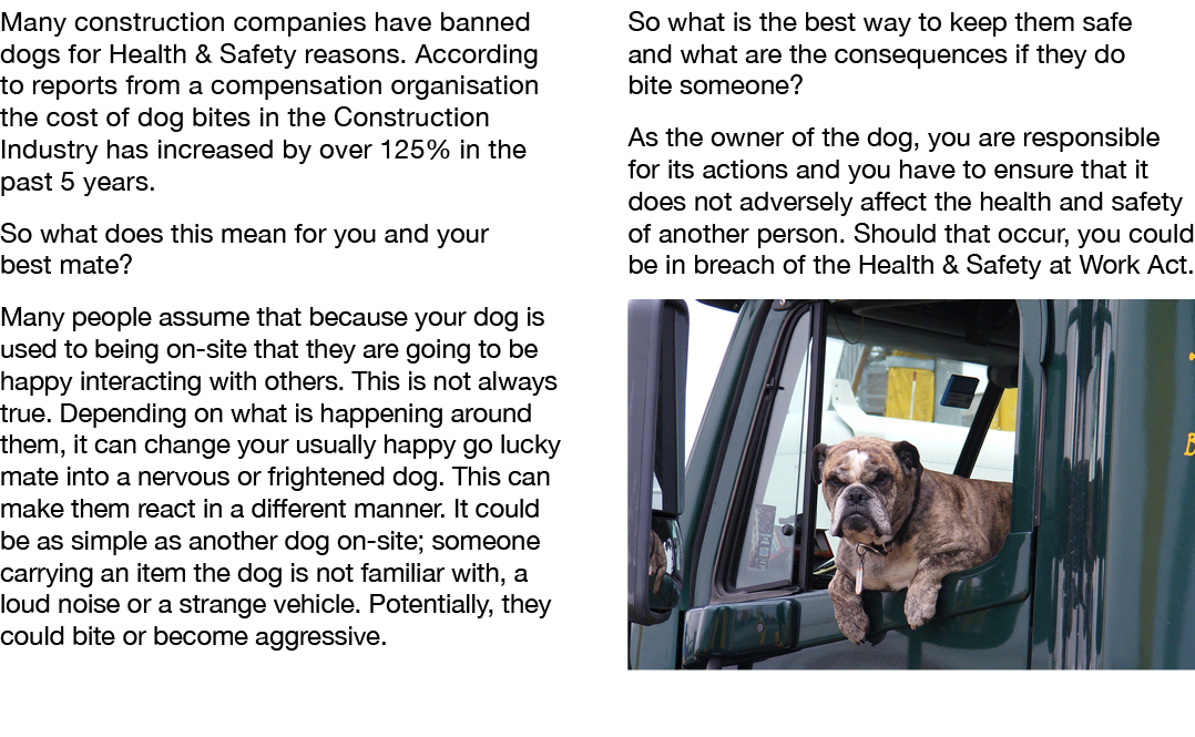 Many construction companies have banned dogs for Health & Safety reasons. According to reports from a compensation or...