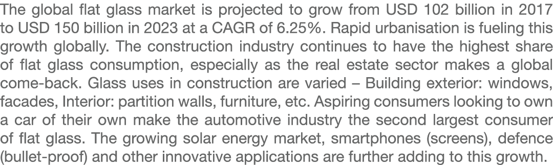 The global flat glass market is projected to grow from USD 102 billion in 2017 to USD 150 billion in 2023 at a CAGR o...