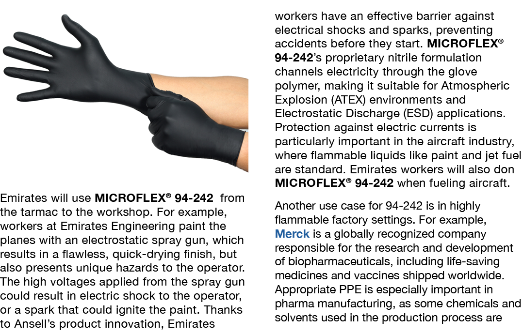 ￼ Emirates will use MICROFLEX® 94 242 from the tarmac to the workshop. For example, workers at Emirates Engineering p...