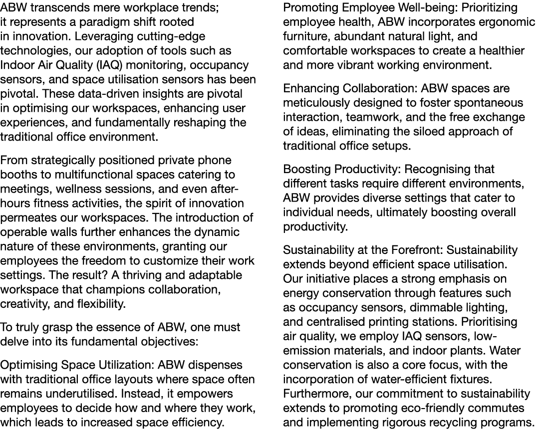 ABW transcends mere workplace trends; it represents a paradigm shift rooted in innovation. Leveraging cutting edge te...