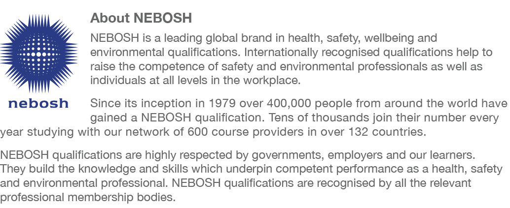￼About NEBOSH NEBOSH is a leading global brand in health, safety, wellbeing and environmental qualifications. Interna...
