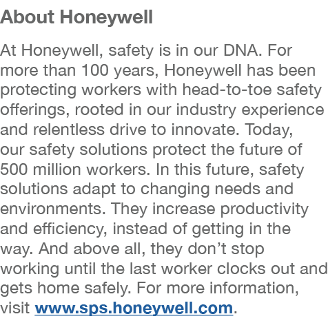 About Honeywell At Honeywell, safety is in our DNA. For more than 100 years, Honeywell has been protecting workers wi...