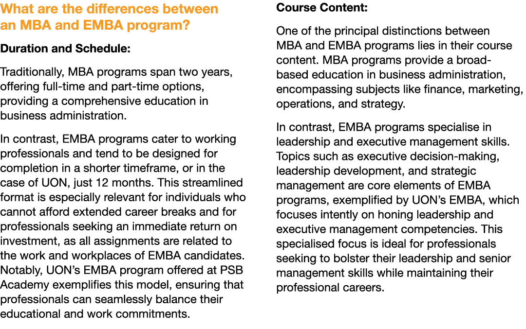 What are the differences between an MBA and EMBA program? Duration and Schedule: Traditionally, MBA programs span two...