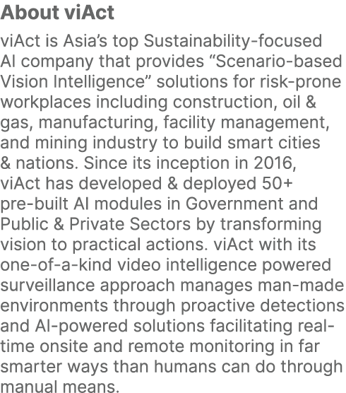 About viAct viAct is Asia’s top Sustainability focused AI company that provides “Scenario based Vision Intelligence” ...