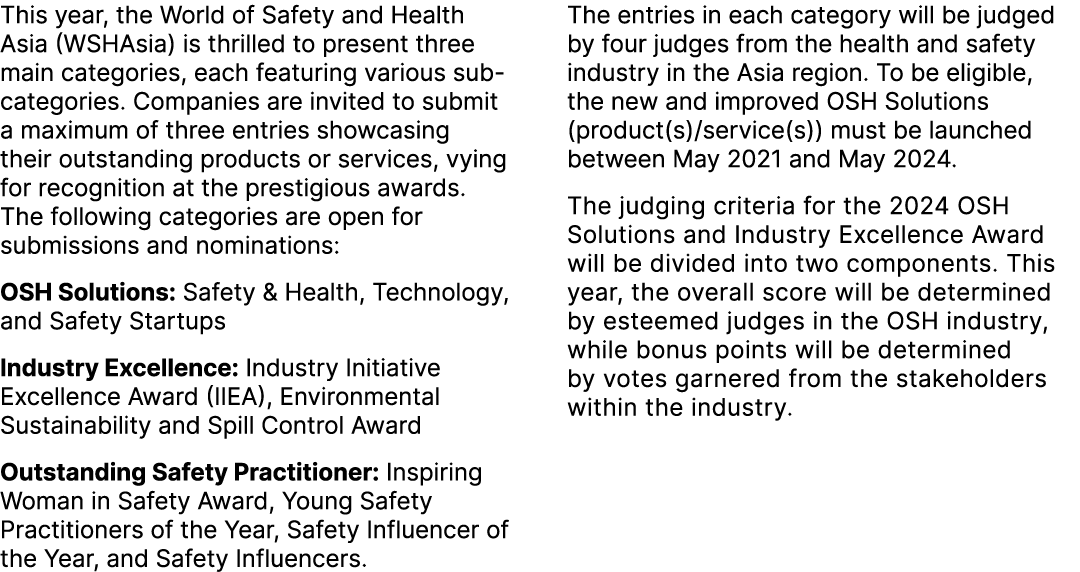 This year, the World of Safety and Health Asia (WSHAsia) is thrilled to present three main categories, each featuring...